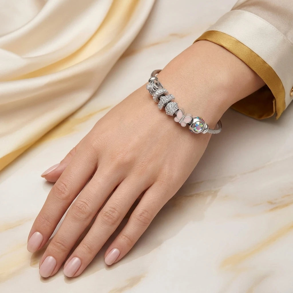 Charm Cable Bracelet - White Rhodium Plated