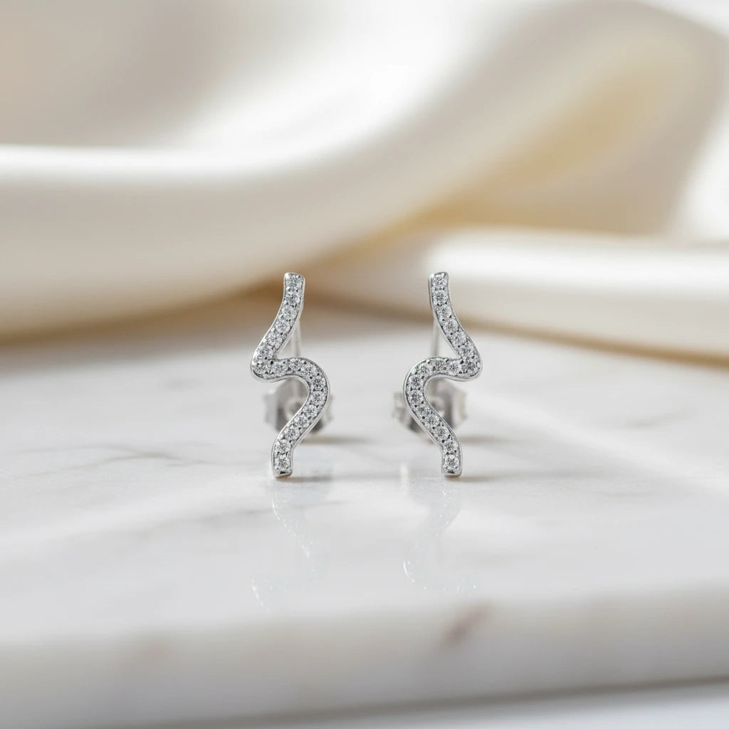 Curved Pavé Studs Earrings - 925 Silver