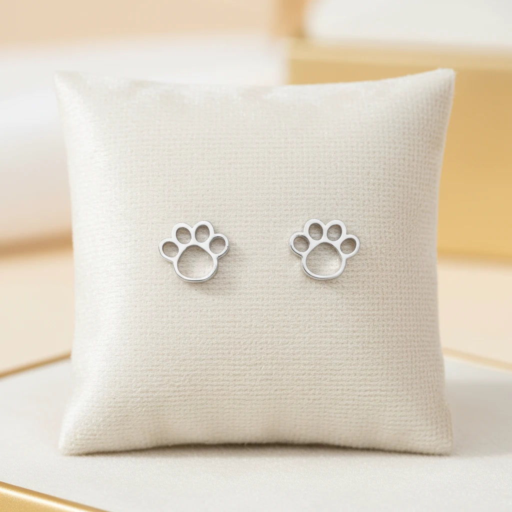 Small Pet Paw Studded Stud Earrings - 925 Silver