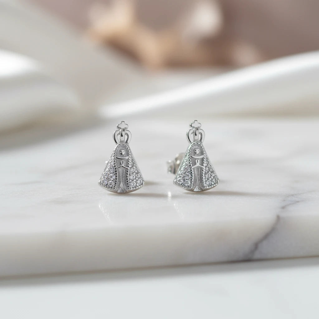 Small Our Lady Studded Stud Earrings - 925 Silver