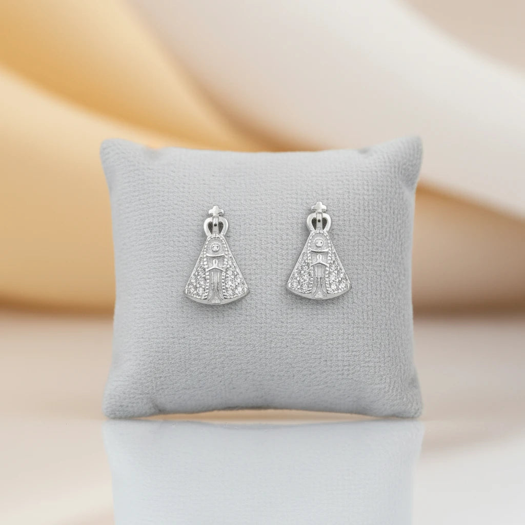 Small Our Lady Studded Stud Earrings - 925 Silver