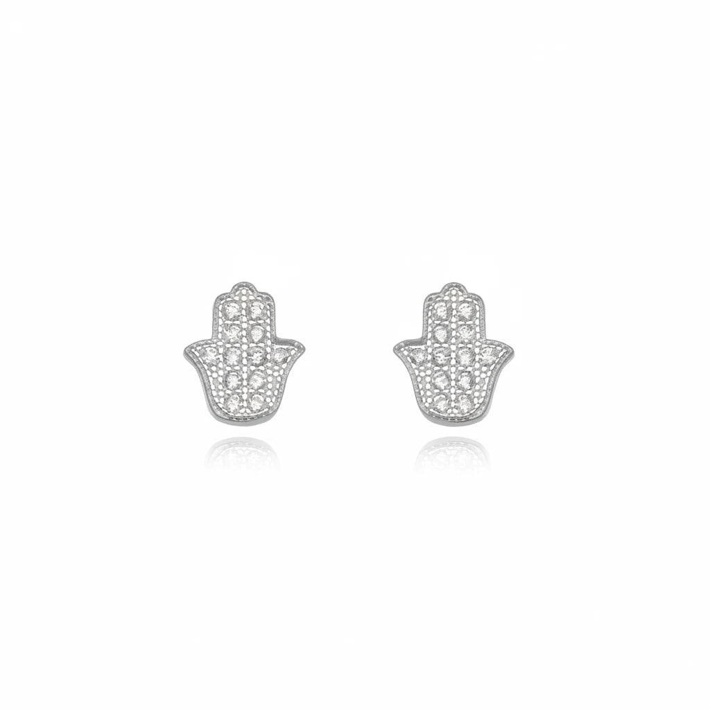 Small Hamsa Hand Studded Stud Earrings - 925 Silver