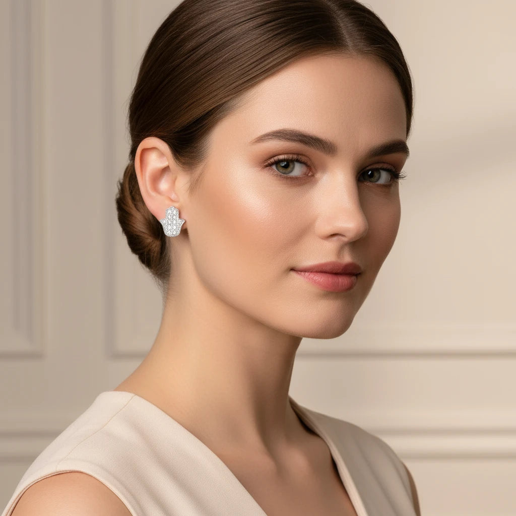 Small Hamsa Hand Studded Stud Earrings - 925 Silver