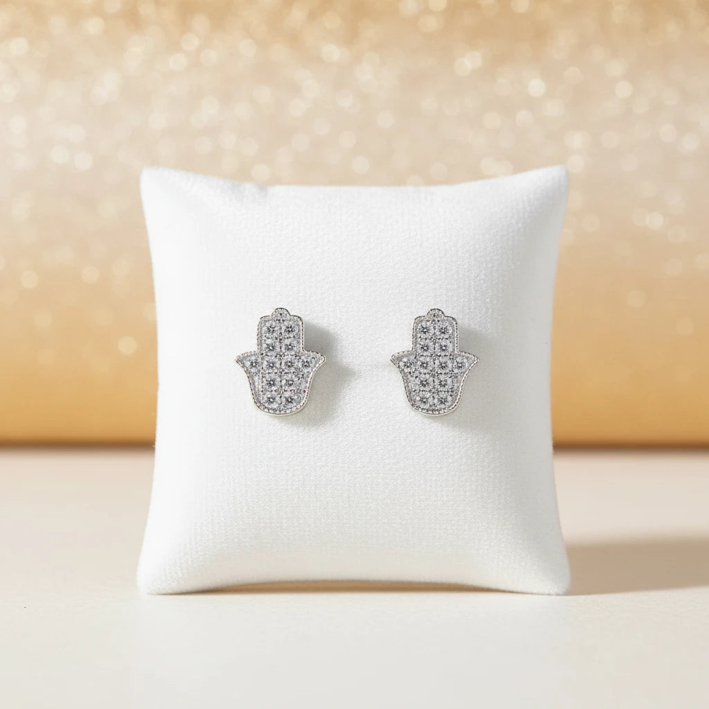 Small Hamsa Hand Studded Stud Earrings - 925 Silver