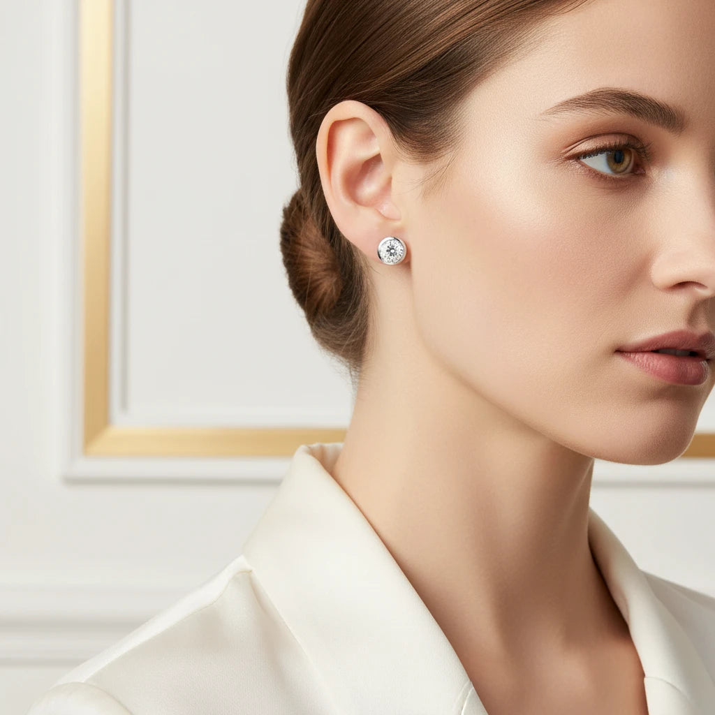 Solitaire Cubic Zirconia Stud Earrings - 925 Silver