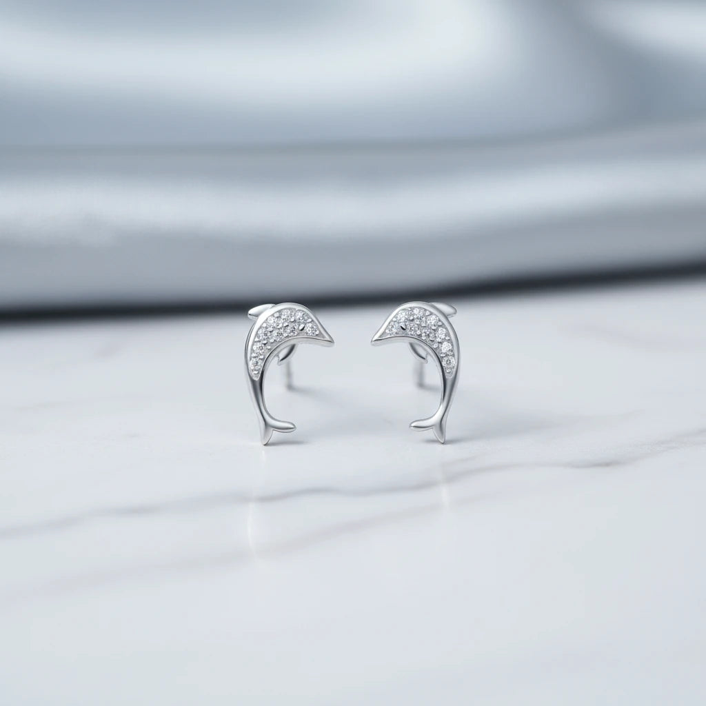 Small Dolphin Studded Stud Earrings - 925 Silver