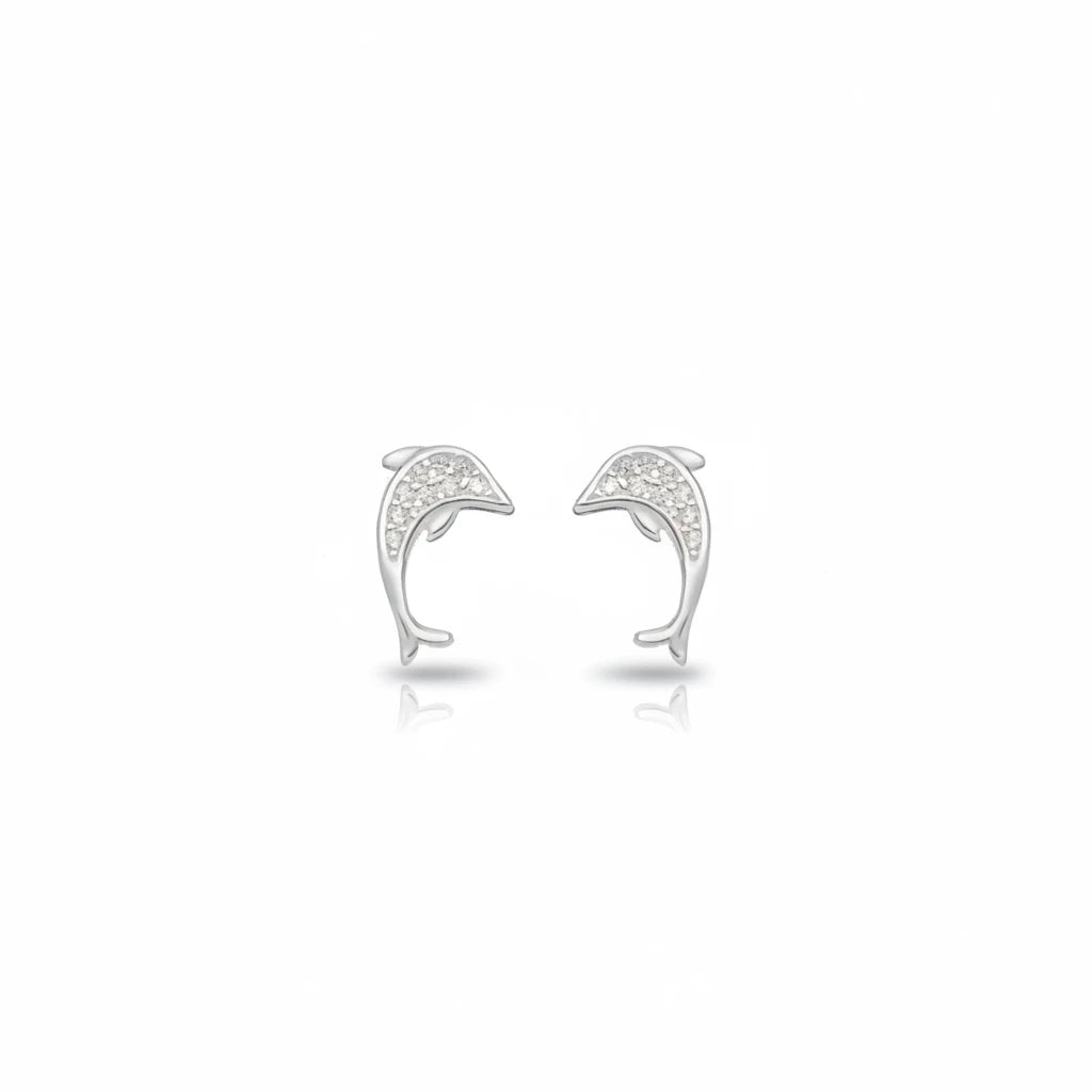 Small Dolphin Studded Stud Earrings - 925 Silver