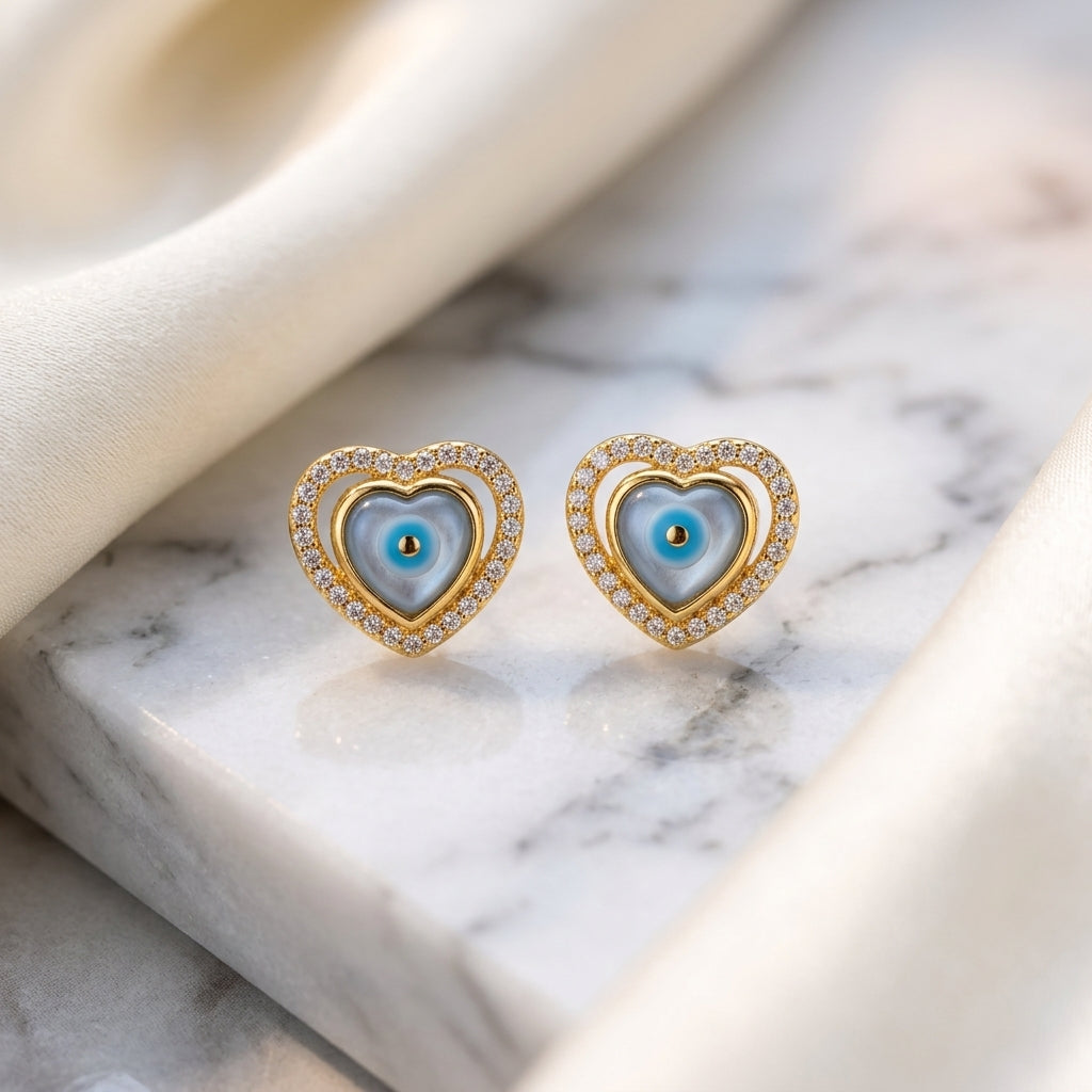 Evil Eye Studded Zirconia Heart Shape Earring - 18K Gold Plated