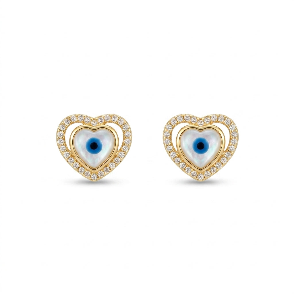 Evil Eye Studded Zirconia Heart Shape Earring - 18K Gold Plated