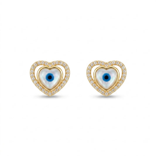 Evil Eye Studded Zirconia Heart Shape Earring - 18K Gold Plated