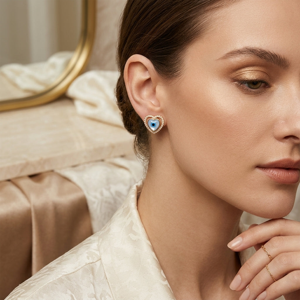 Evil Eye Studded Zirconia Heart Shape Earring - 18K Gold Plated