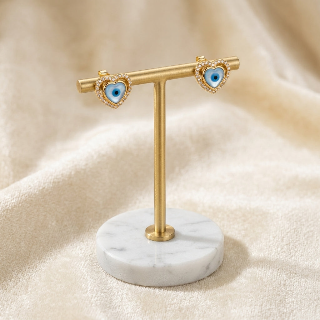 Evil Eye Studded Zirconia Heart Shape Earring - 18K Gold Plated