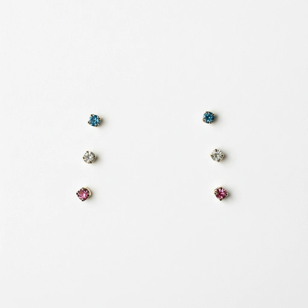 Delicate Trio of Mini Color Zirconia Studs 18K Gold Plated Earrings