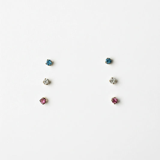 Delicate Trio of Mini Color Zirconia Studs 18K Gold Plated Earrings