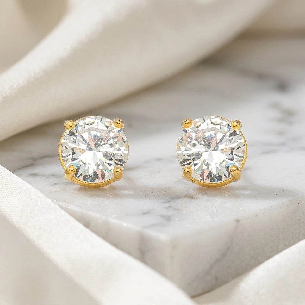 Round Cubic Zirconia Studs Earrings - 18K Gold Plated