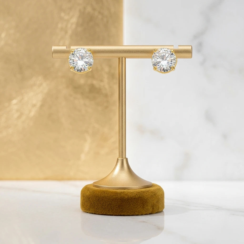 Round Cubic Zirconia Studs Earrings - 18K Gold Plated