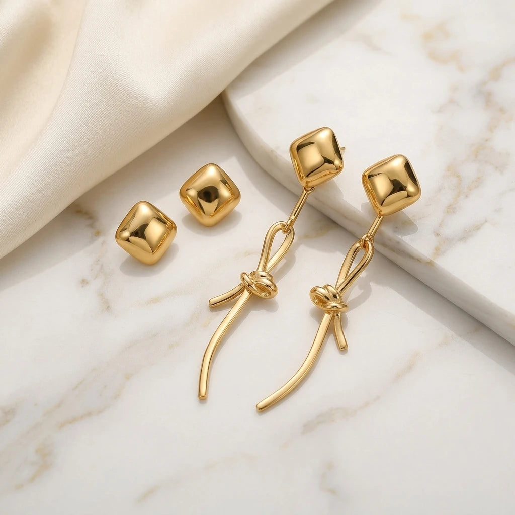 Convertible Square Dome Stud Earrings - 18K Gold Plated