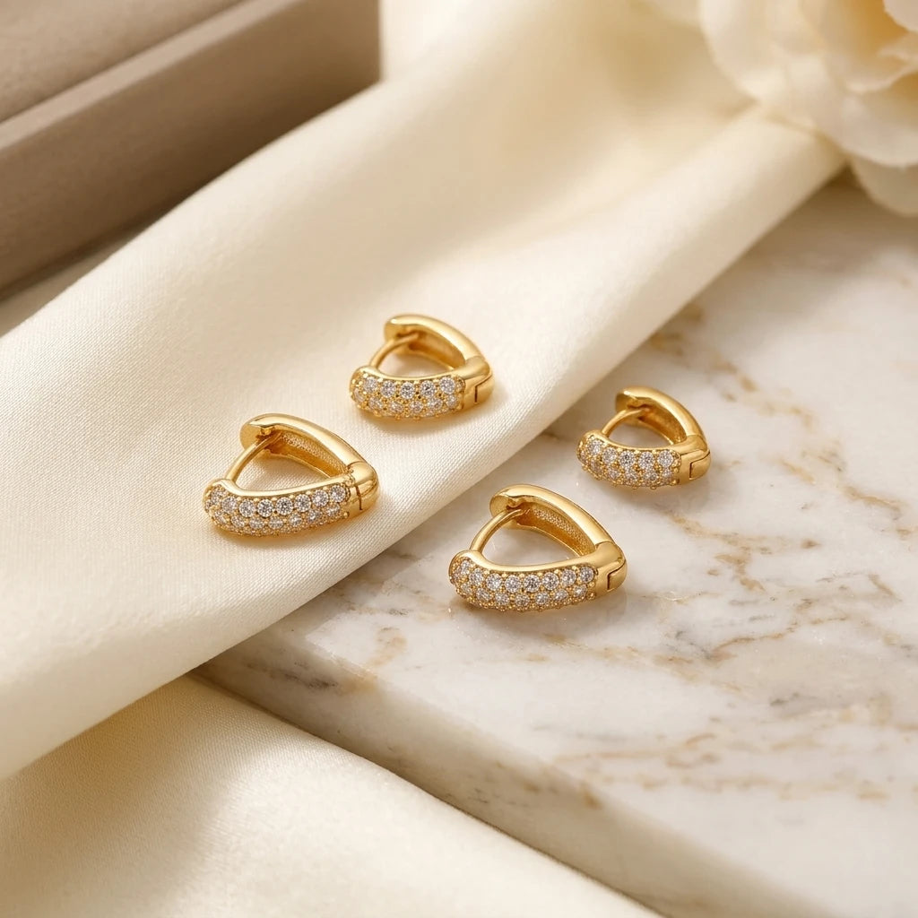 Duo Heart Studded Zirconia 18K Gold Plated Earrings