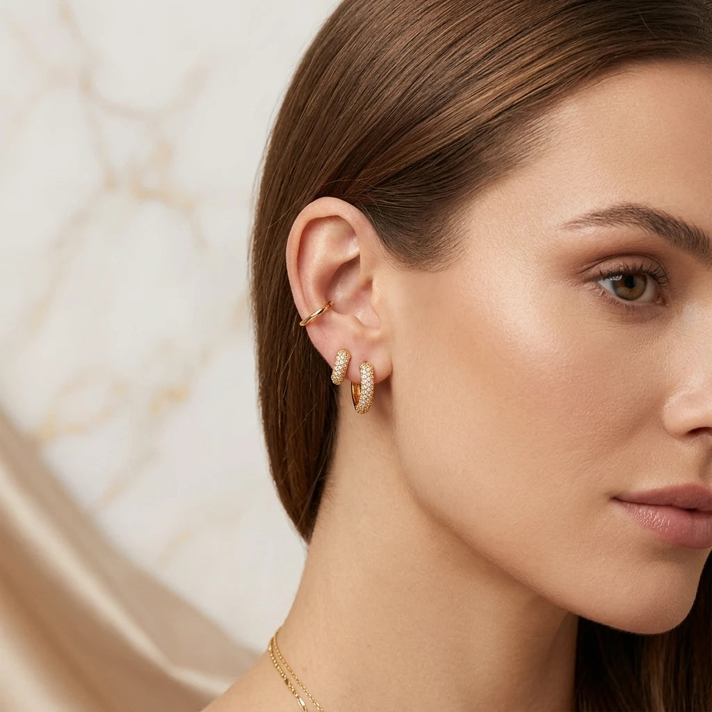 Duo Heart Studded Zirconia 18K Gold Plated Earrings