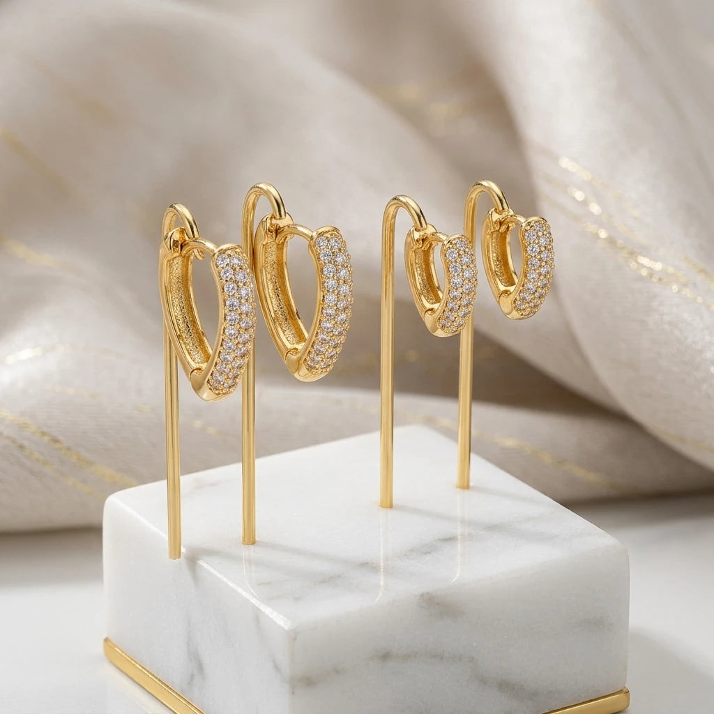 Duo Heart Studded Zirconia 18K Gold Plated Earrings