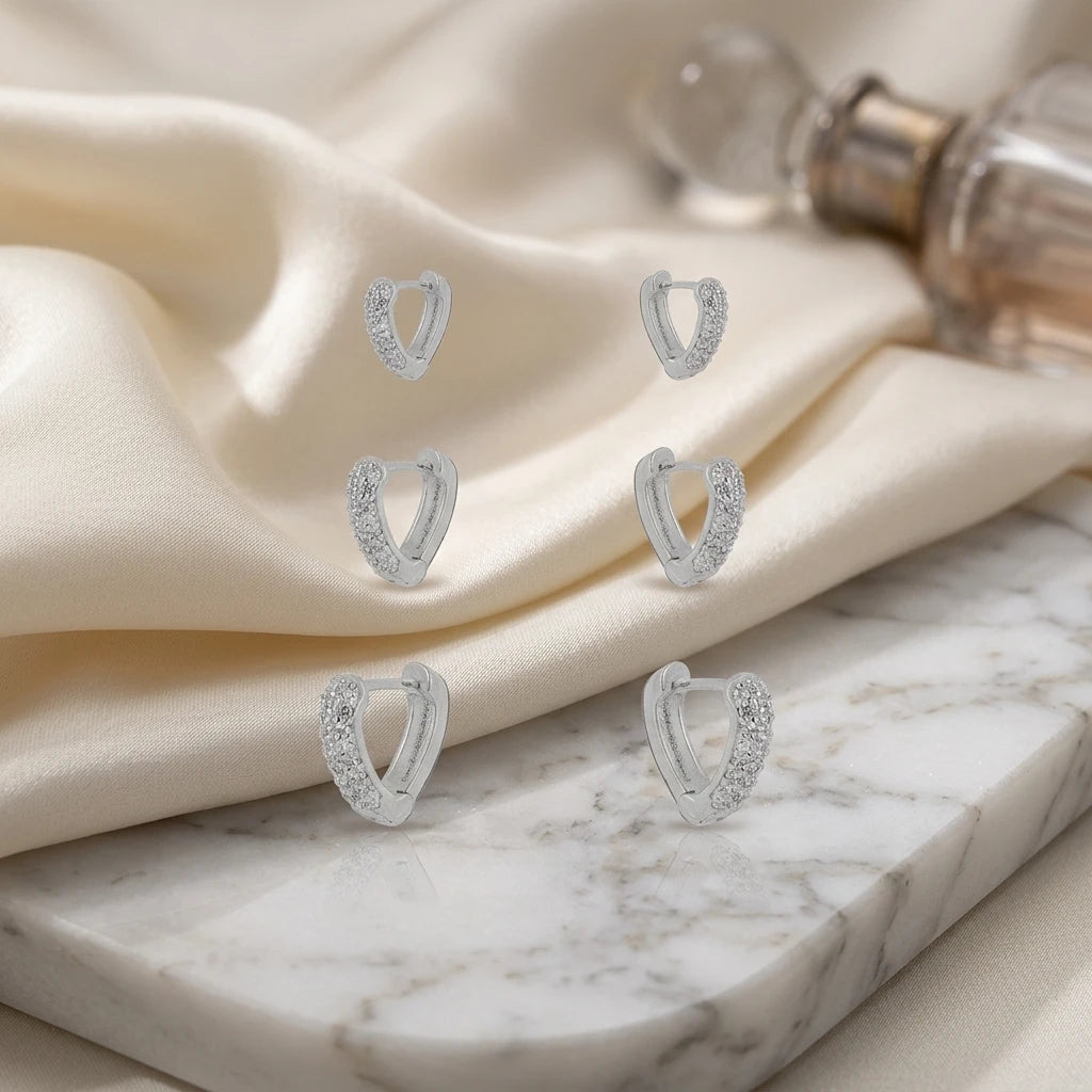 Trio Heart Studded Zirconia Earrings - White Rhodium Plated