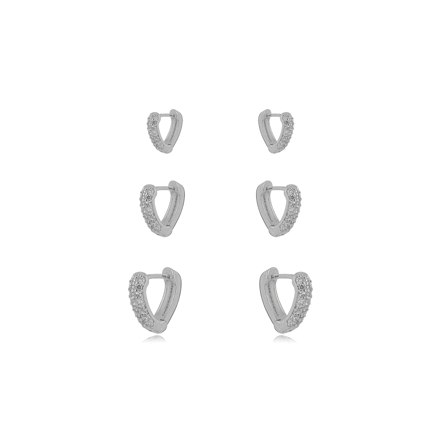 Trio Heart Studded Zirconia Earrings - White Rhodium Plated