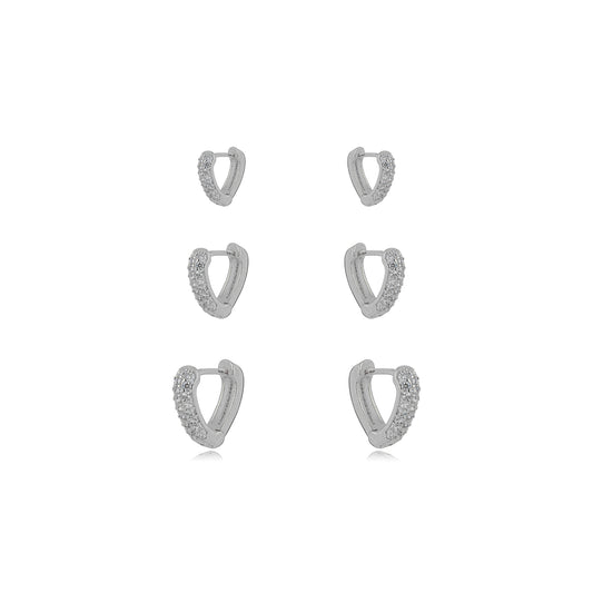 Trio Heart Studded Zirconia Earrings - White Rhodium Plated