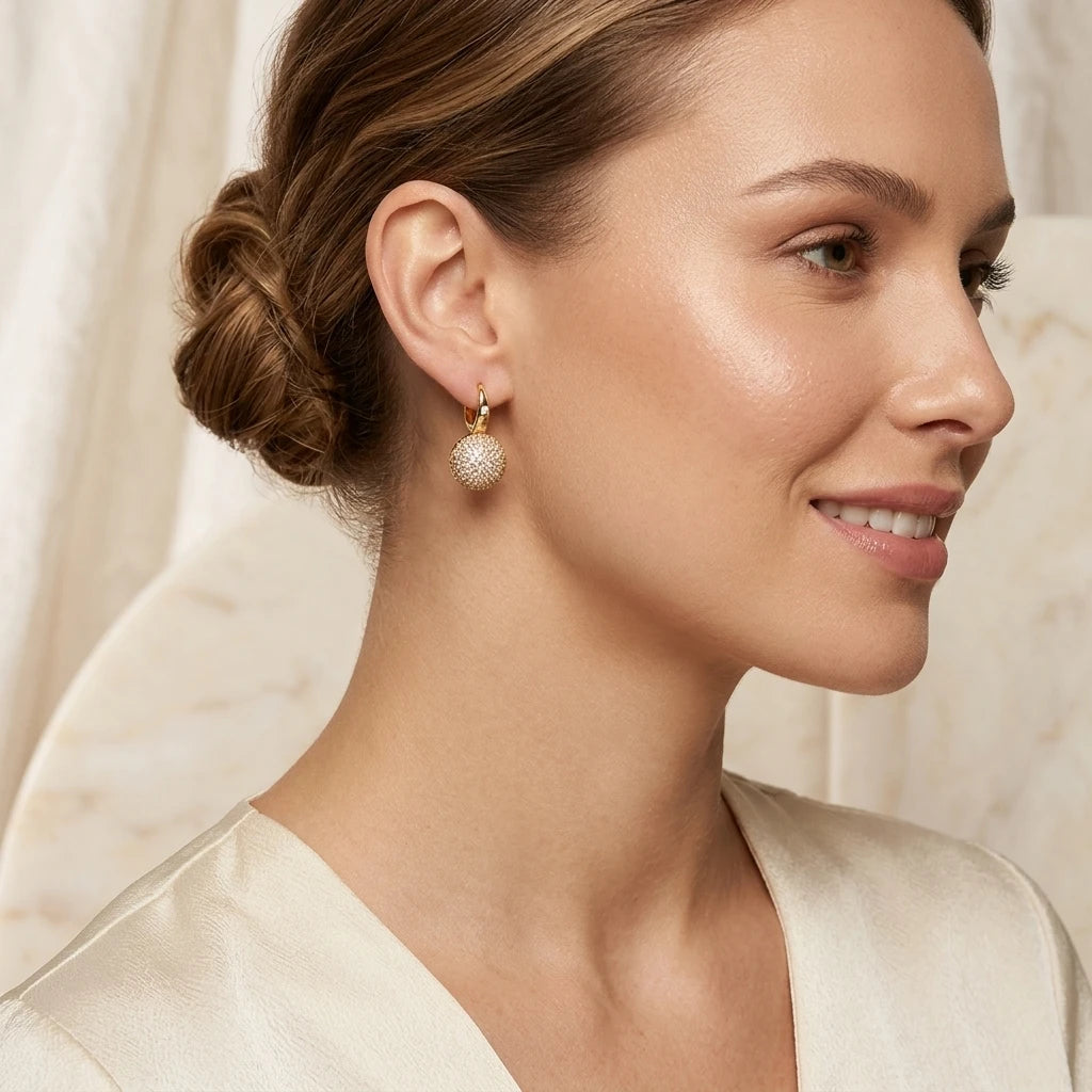18K Gold Plated Dangling Round Studded Zirconia Earrings