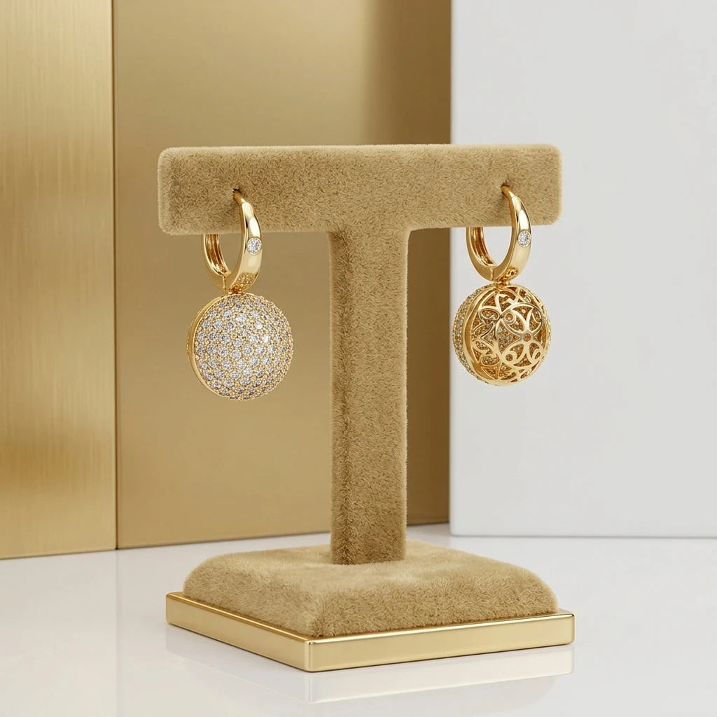 18K Gold Plated Dangling Round Studded Zirconia Earrings