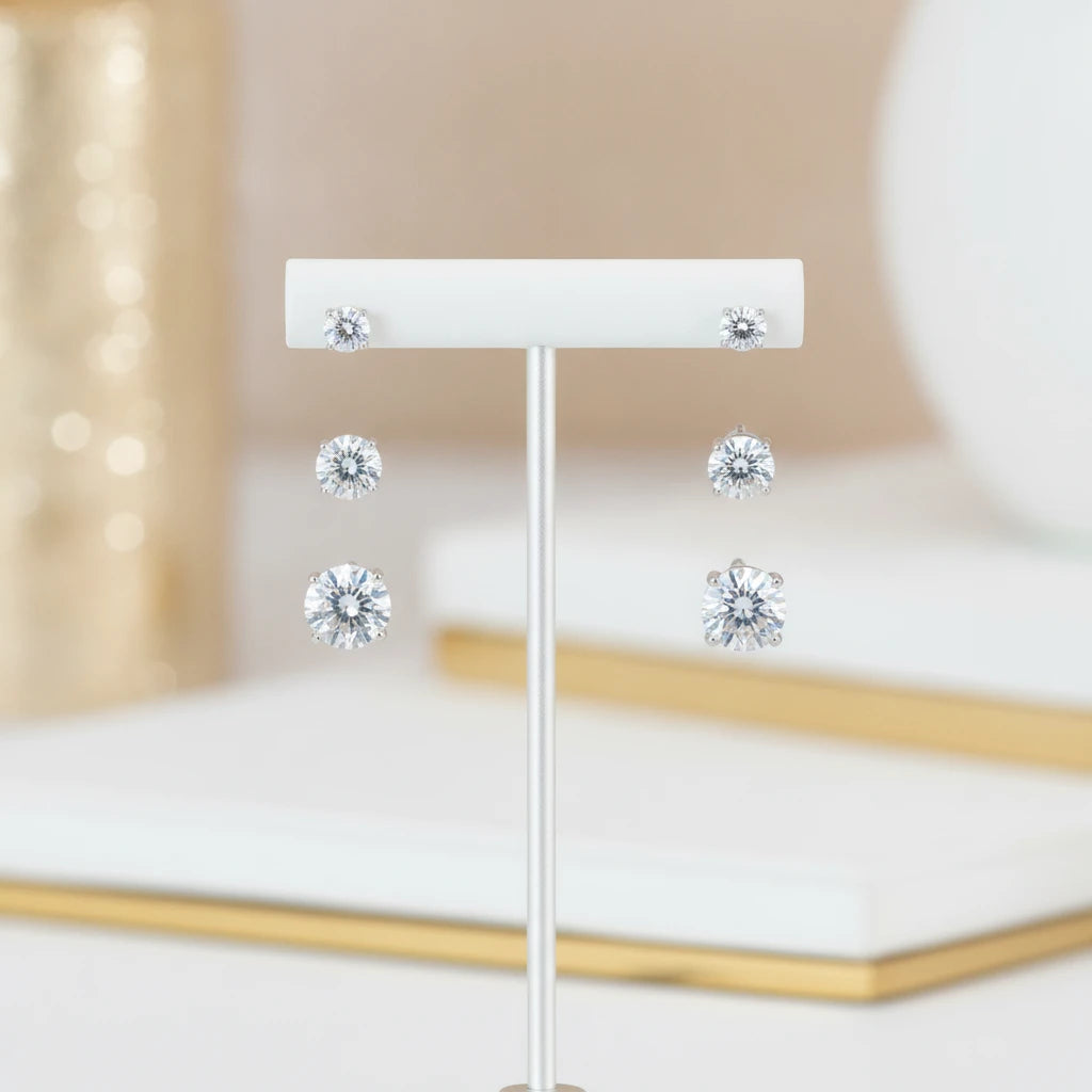 Sterling Silver Trio Round Zirconia Studs Earrings