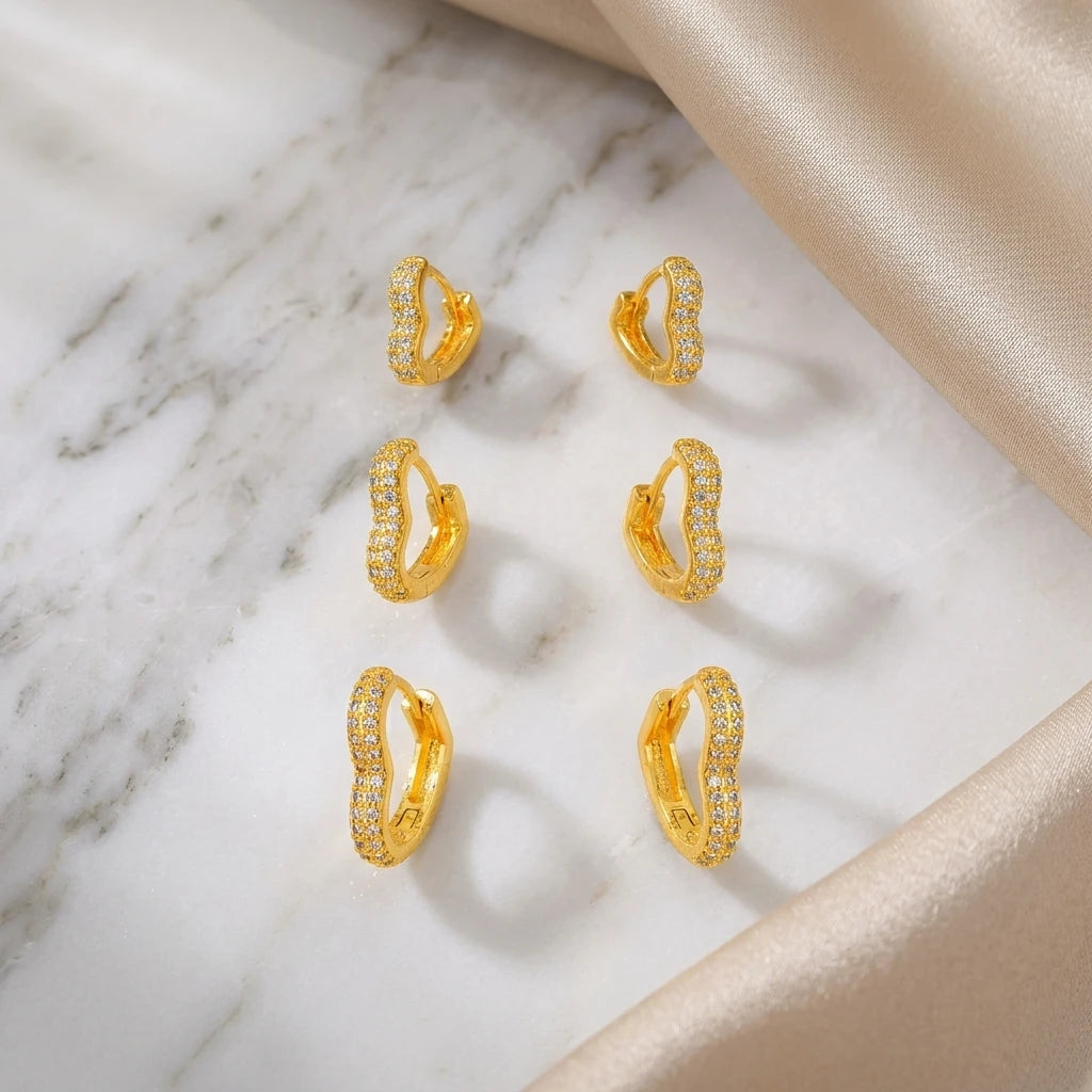 Trio Heart Studded Zirconia Earrings - 18K Gold Plated