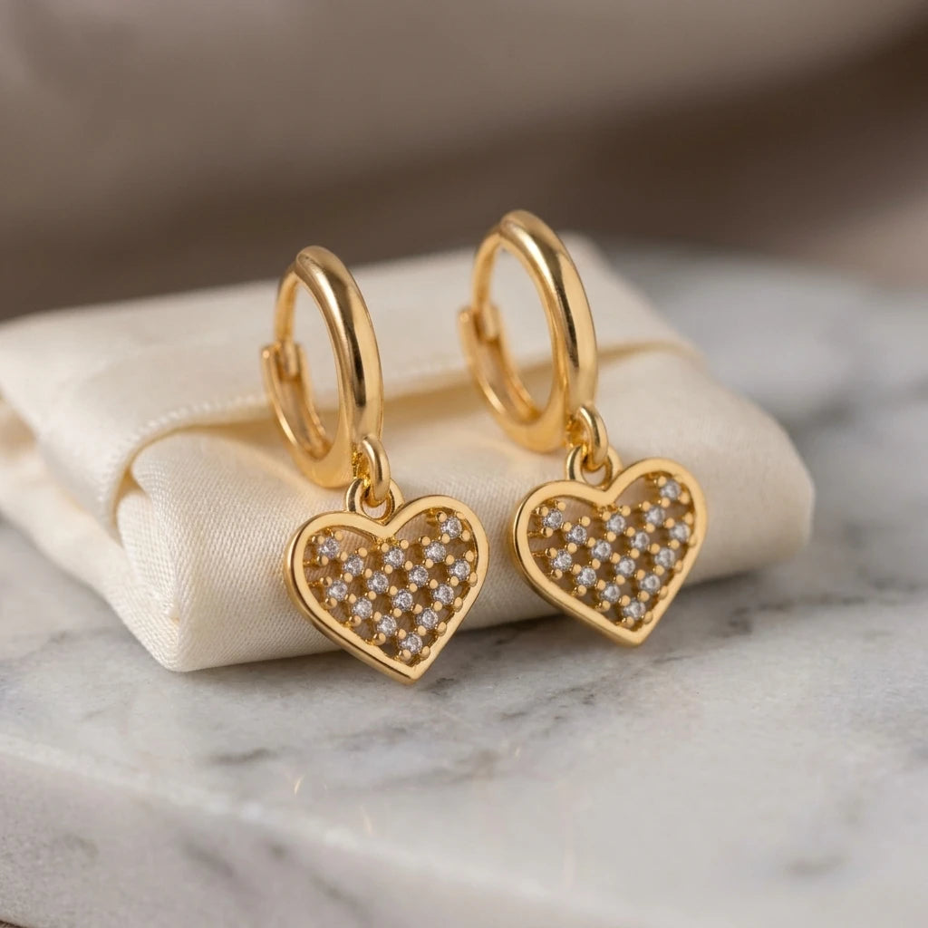 Hoops Dangling Studded Zirconia Heart Earrings - 18K Gold Plated