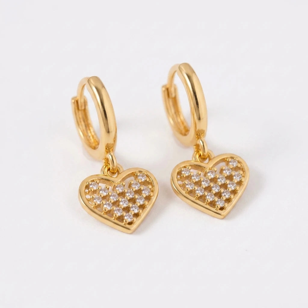 Hoops Dangling Studded Zirconia Heart Earrings - 18K Gold Plated