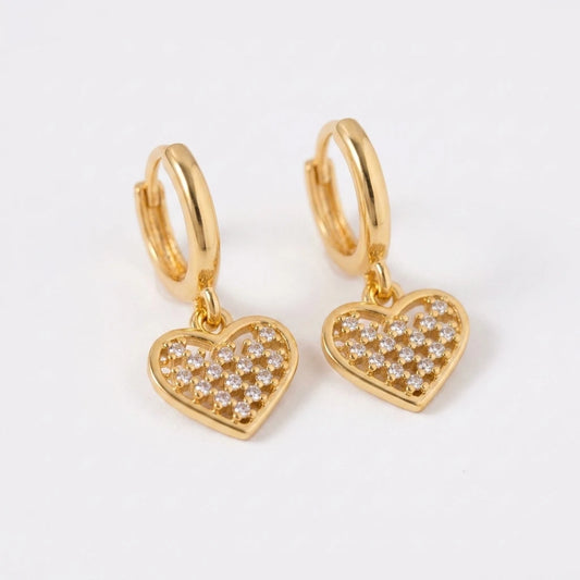 Hoops Dangling Studded Zirconia Heart Earrings - 18K Gold Plated