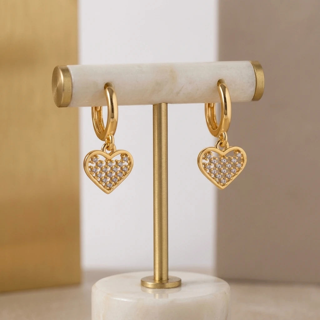 Hoops Dangling Studded Zirconia Heart Earrings - 18K Gold Plated