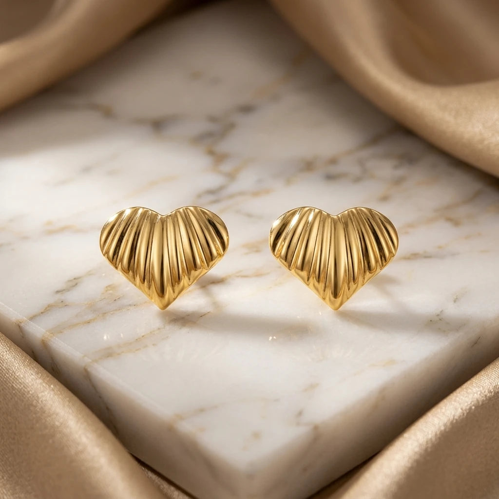 Fluted Heart Shape Stud Earrings - 18K Gold Plated