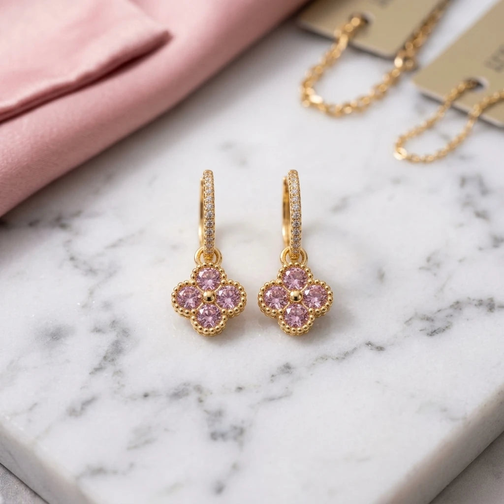 Click Hoops Dangling Studded Pink Zirconia Clover - 18K Gold Plated Earrings