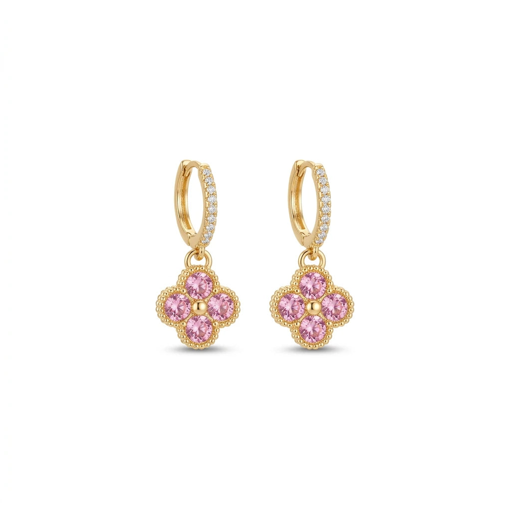Click Hoops Dangling Studded Pink Zirconia Clover - 18K Gold Plated Earrings