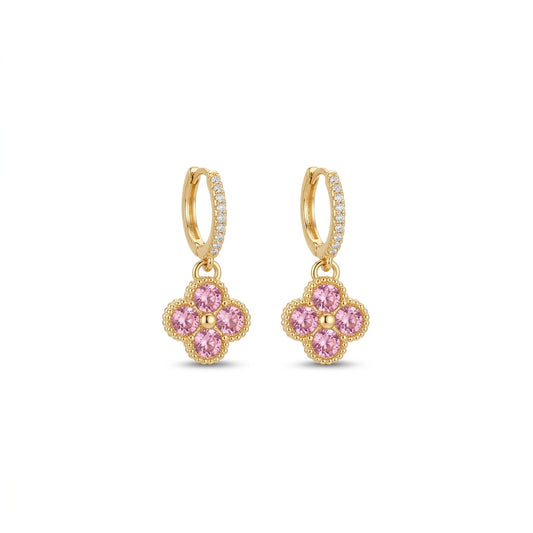 Click Hoops Dangling Studded Pink Zirconia Clover - 18K Gold Plated Earrings