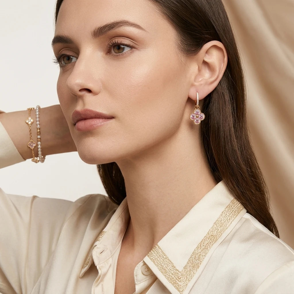 Click Hoops Dangling Studded Pink Zirconia Clover - 18K Gold Plated Earrings