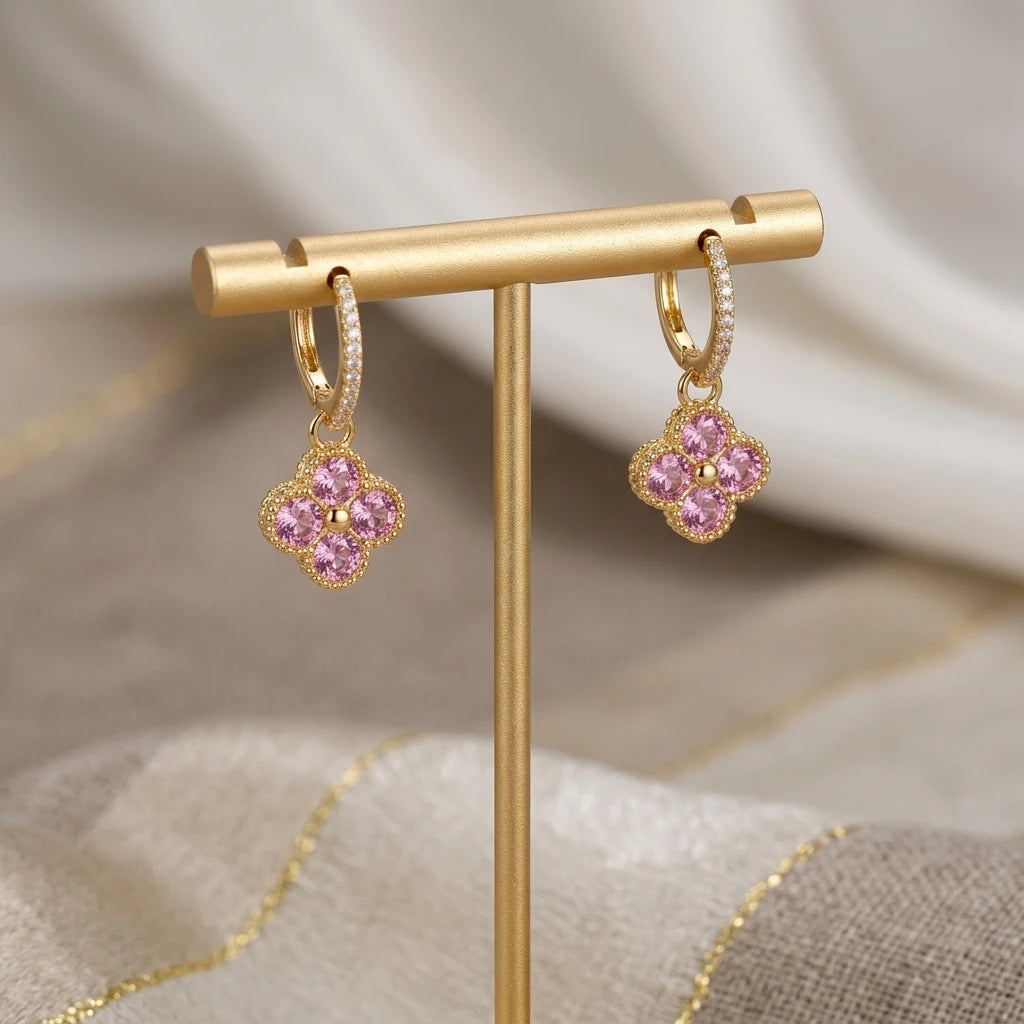 Click Hoops Dangling Studded Pink Zirconia Clover - 18K Gold Plated Earrings