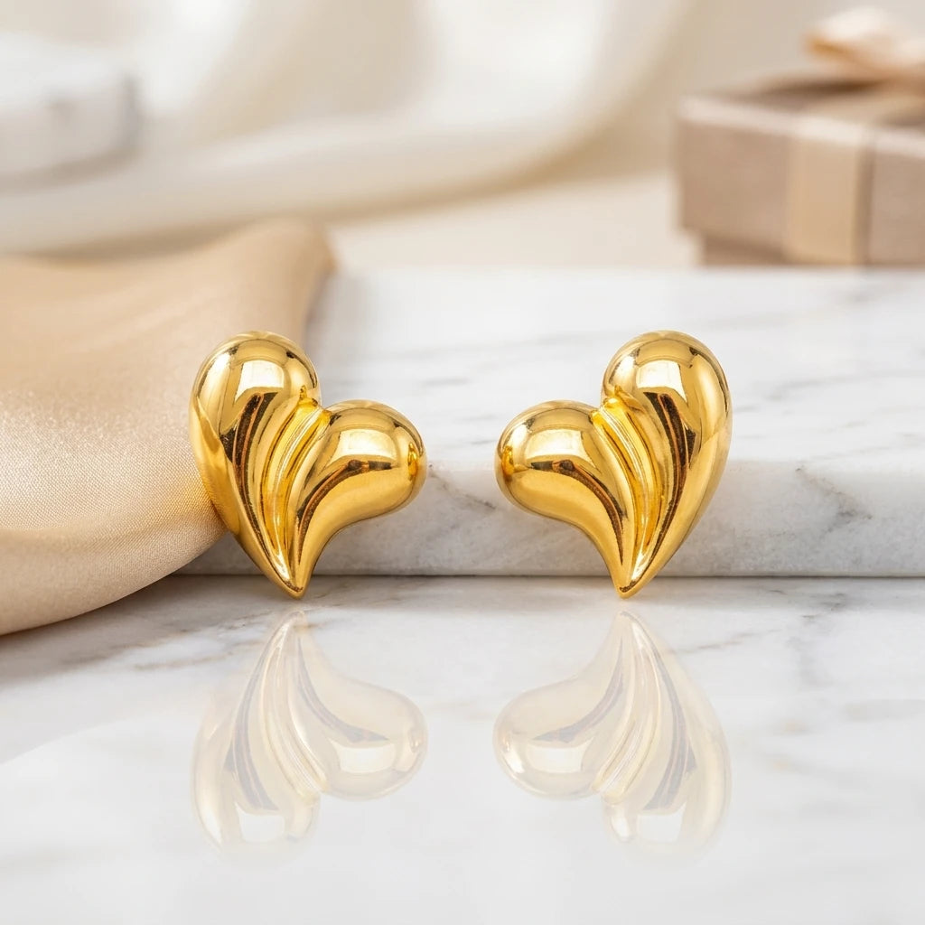 Curved Heart Shape Stud Earrings - 18K Gold Plated