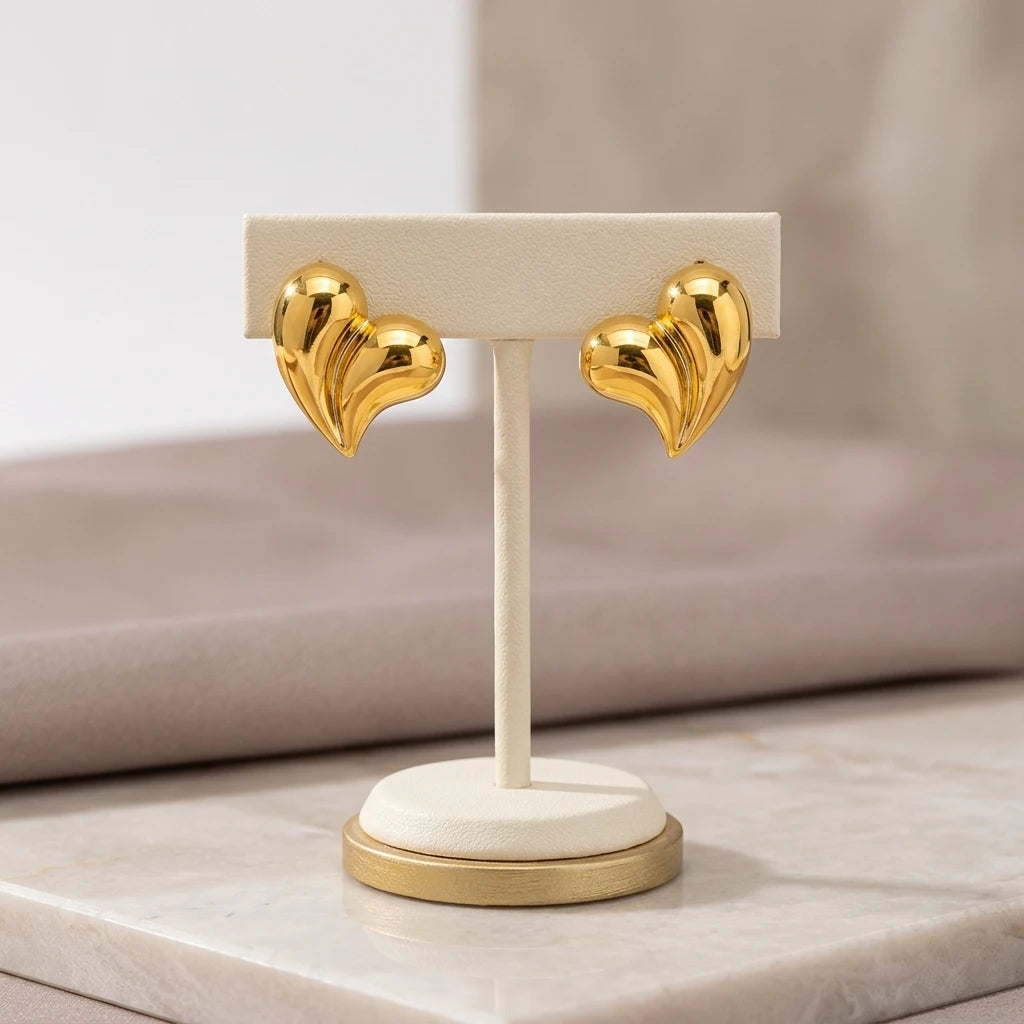 Curved Heart Shape Stud Earrings - 18K Gold Plated