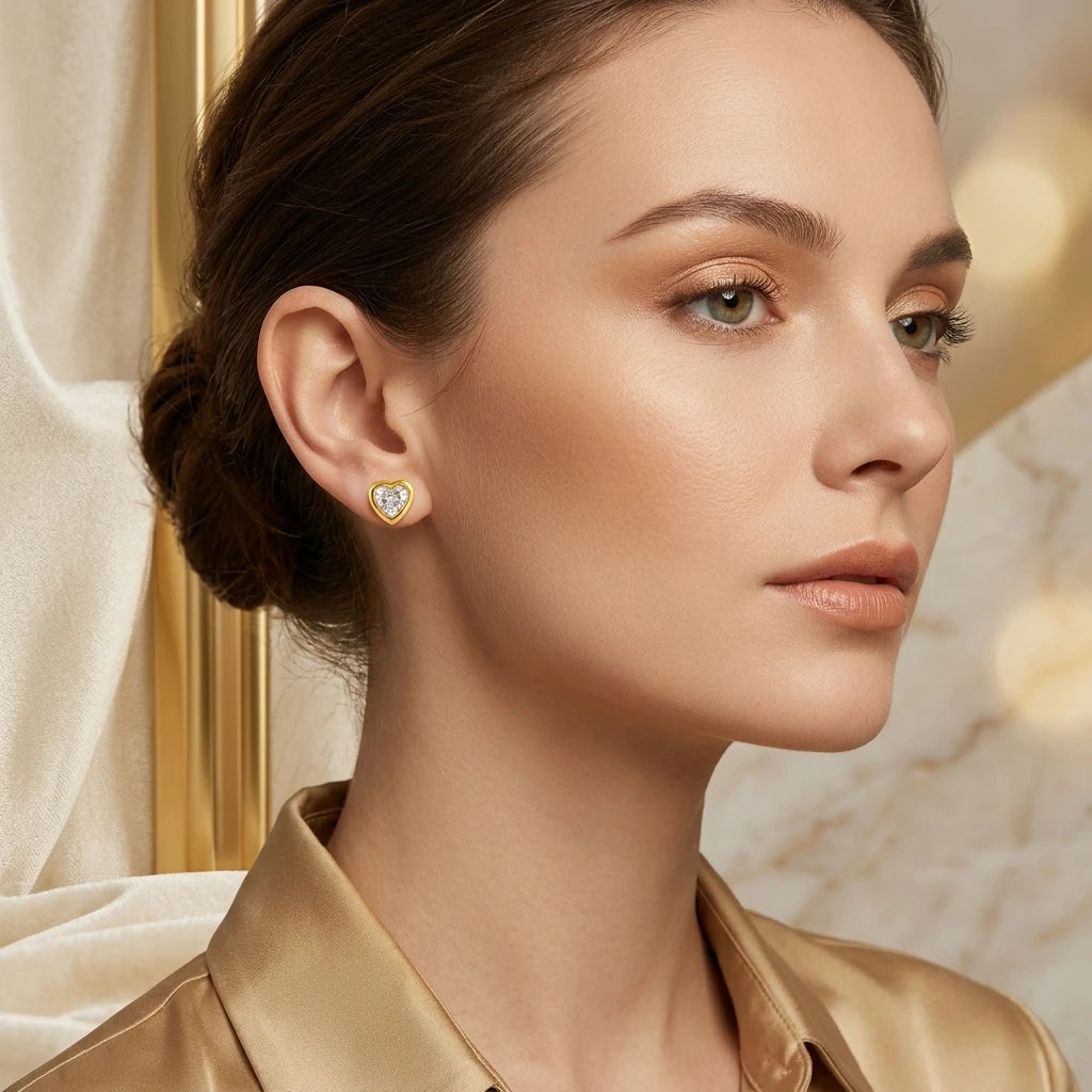 Delicate Heart Zirconia Stud Earrings - 18K Gold Plated