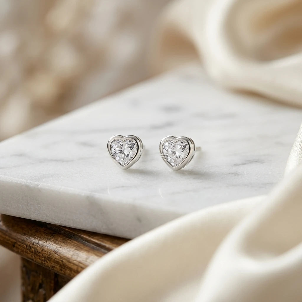 Delicate Heart Zirconia Stud Earrings - White Rhodium Plated