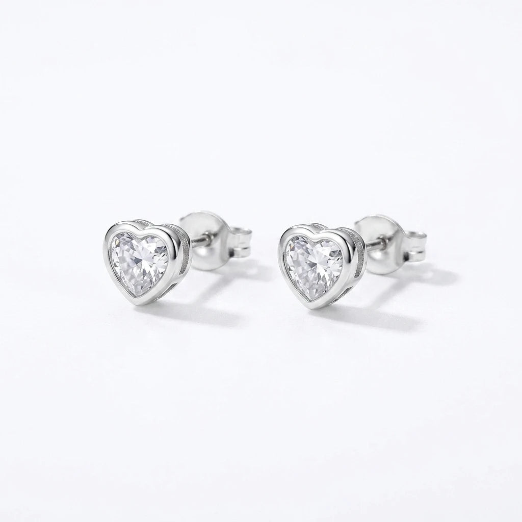 Delicate Heart Zirconia Stud Earrings - White Rhodium Plated