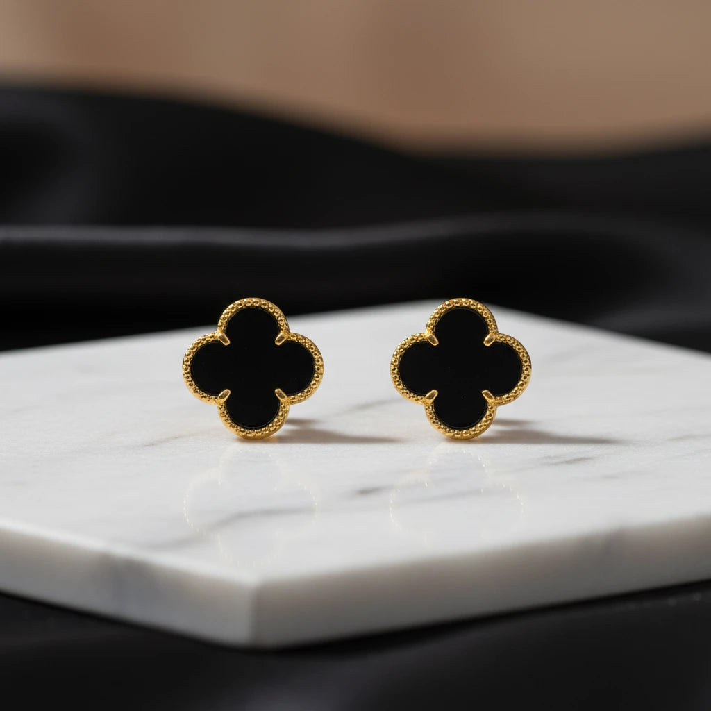 Black Lucky Clover - 18K Gold Plated Earrings