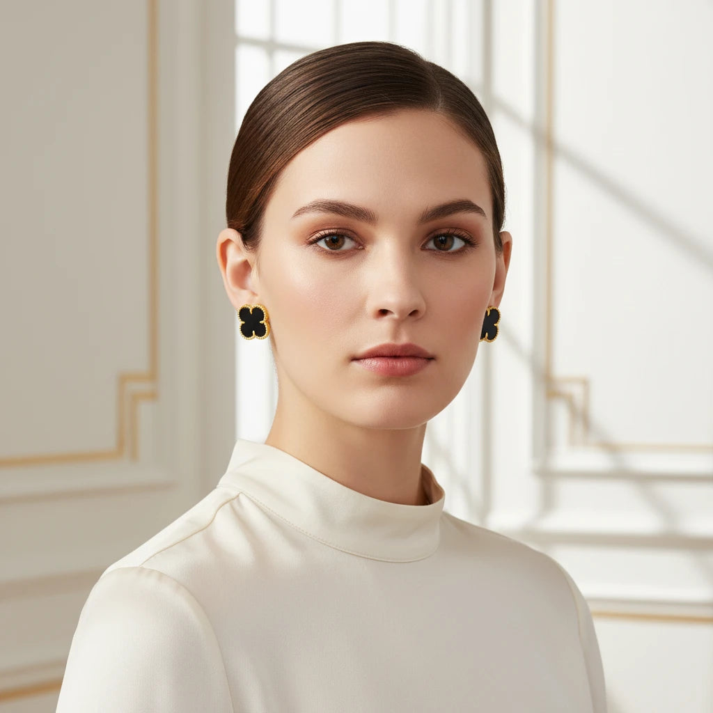 Black Lucky Clover - 18K Gold Plated Earrings