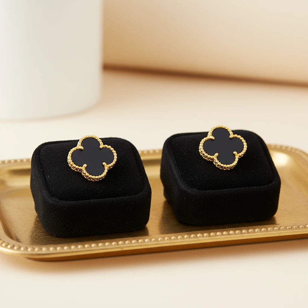 Black Lucky Clover - 18K Gold Plated Earrings