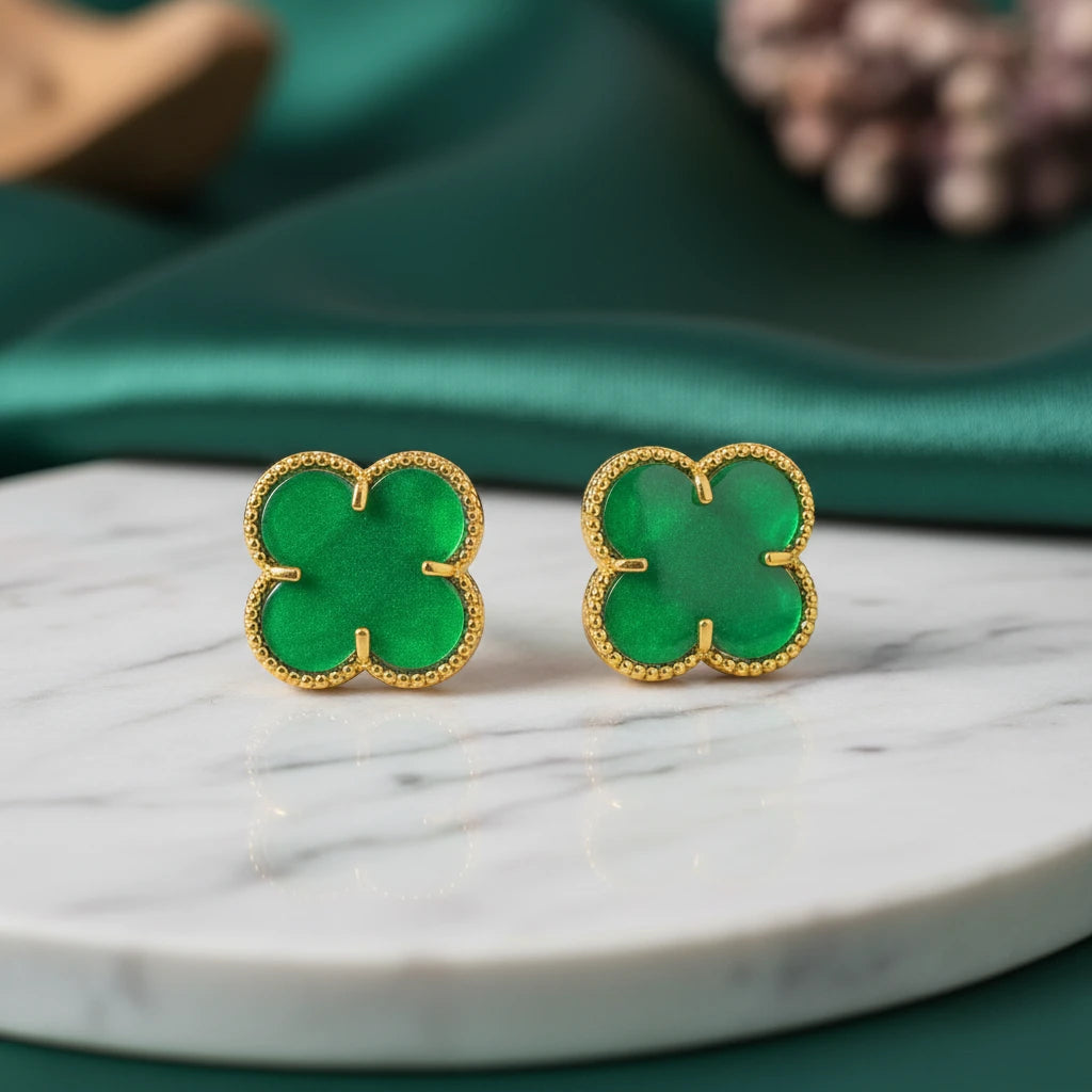 Green Lucky Clover - 18K Gold Plated Earrings